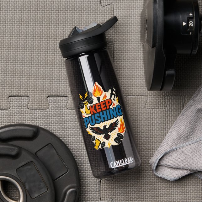 KEEP PUSHING Motivational Water Bottle – Fitness  (Gym (Rotated))