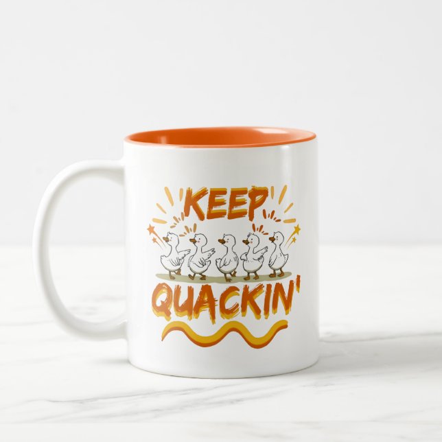 Keep Quackin' (Dancing) Funny Duck Pun Two-Tone Coffee Mug (Left)