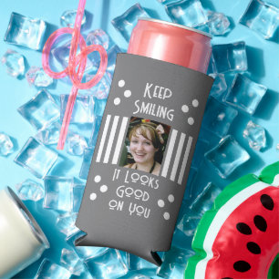 Keep smiling add 2 photo stripes grey white Seltzer Can Cooler