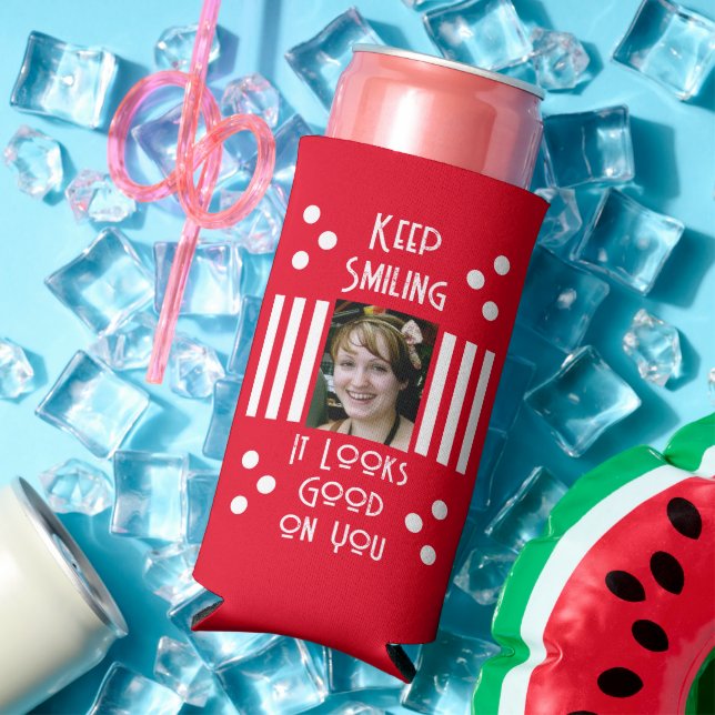  Keep smiling add 2 photo stripes red white Seltzer Can Cooler (In Situ Summer)