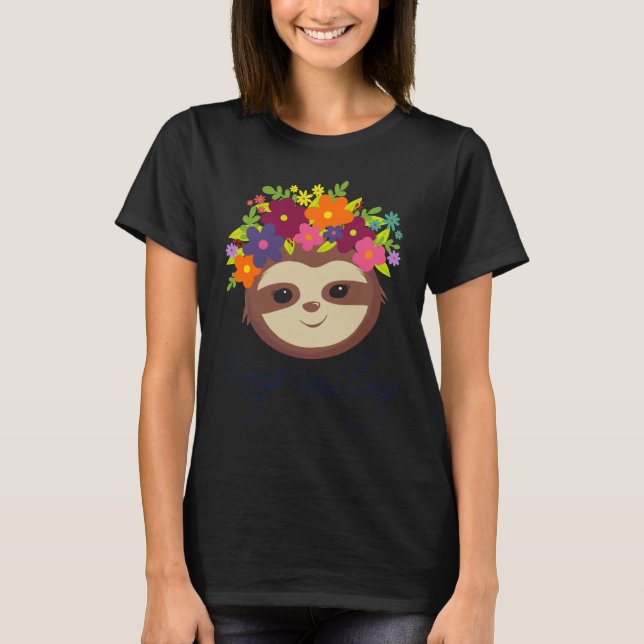 Keep Smiling Floral Wreath Sloth Lavender T-Shirt (Front)