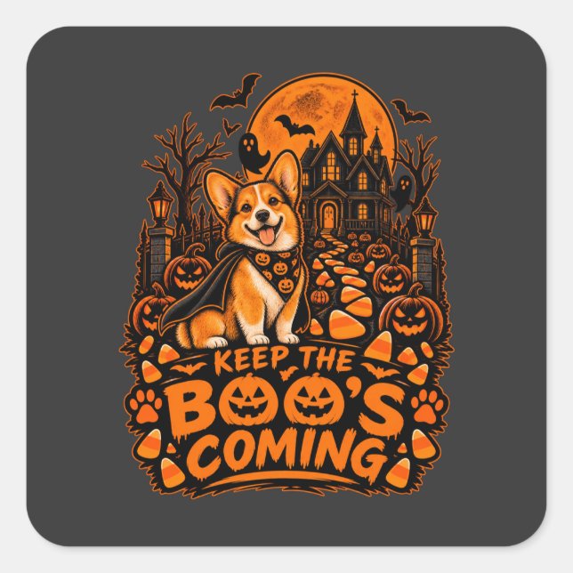 Keep The Boos Coming Corgi Halloween Pumpkin Candy Square Sticker (Front)
