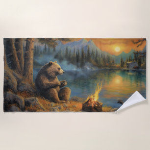 Keeper of the Autumn Flame   Grizzly Bear Campfire Beach Towel