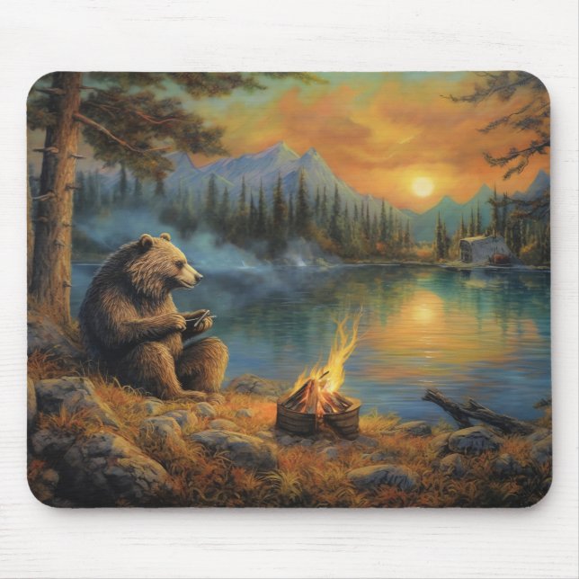 Keeper of the Autumn Flame | Grizzly Bear Campfire Mouse Pad (Front)