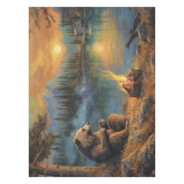 Keeper of the Autumn Flame | Grizzly Bear Campfire Tablecloth (Front)