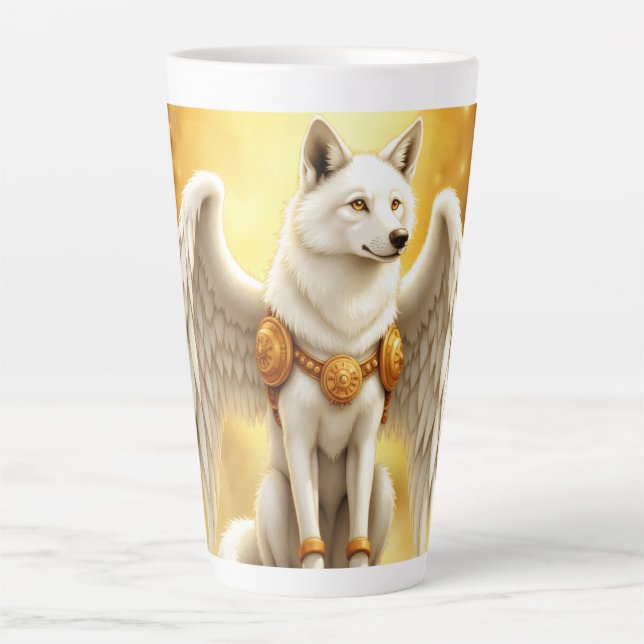 Keeper of the Dawn – The White Winged Wolf.  Latte Mug (Front)