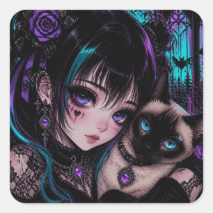 Keeping in Touch   Anime Girl & Cat Square Sticker