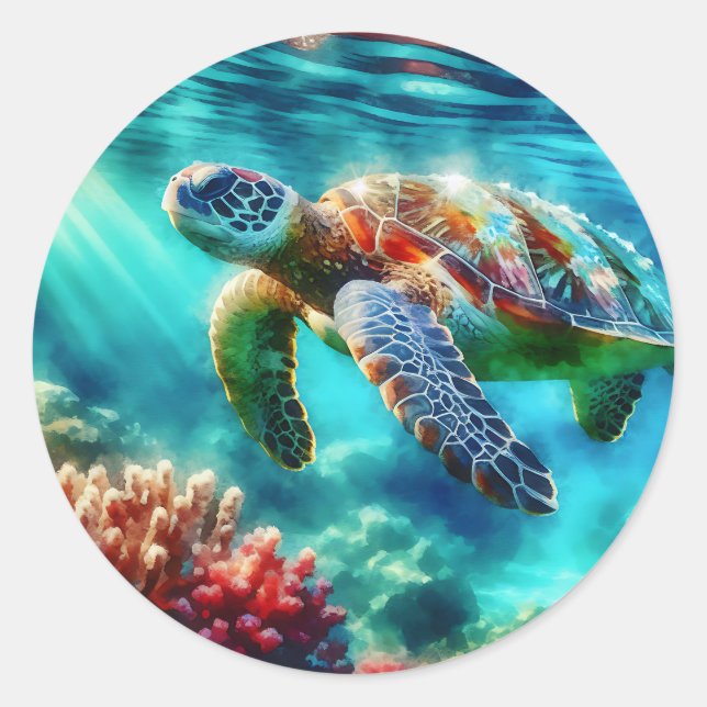 Keeping in Touch  | Sea Turtle Swimming Classic Round Sticker (Front)