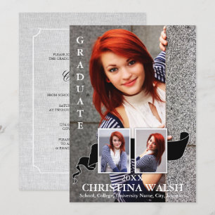 Keepsake 3 Photo Black Ribbon Graduation Invitation