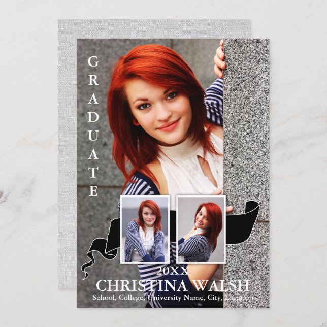 Keepsake 3 Photo Black Ribbon Graduation Invitation (Front/Back)