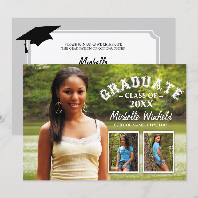 Keepsake 3 Photo Modern Text Overlay Graduation Invitation (Front/Back)