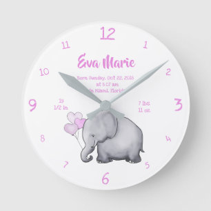 Keepsake Baby Girl Birth Stats Elephant Nursery Round Clock