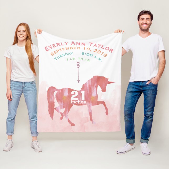 Keepsake Baby Girl Blush Coral Birth Stat Unicorn Fleece Blanket (In Situ)
