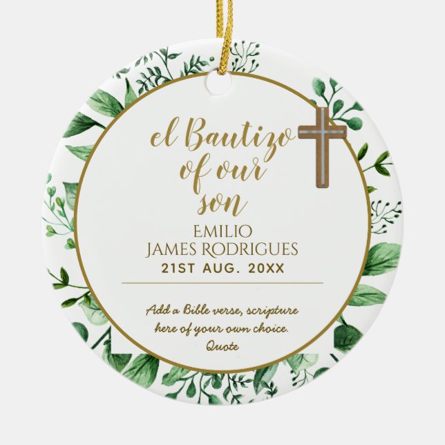 Keepsake Baptism BAUTIZO Gift Gold with Scripture Ceramic Tree Decoration (Front)