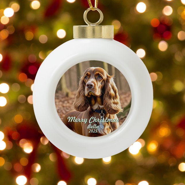  Keepsake Cocker Spaniel Photo Personalise  Ceramic Ball Christmas Ornament (Front View)