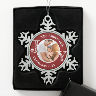 Keepsake Family Photo Joy Modern Minimalist  Snowflake Pewter Christmas Ornament