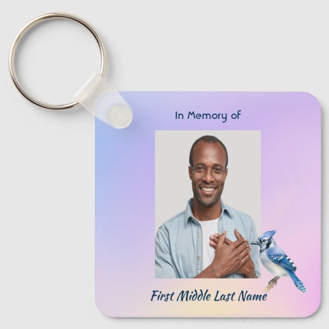 Keepsake Memorial Watercolor Bluejay Garden  Key Ring (Front)