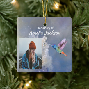 Keepsake  Memorial White Flower Hummingbird Ceramic Ornament