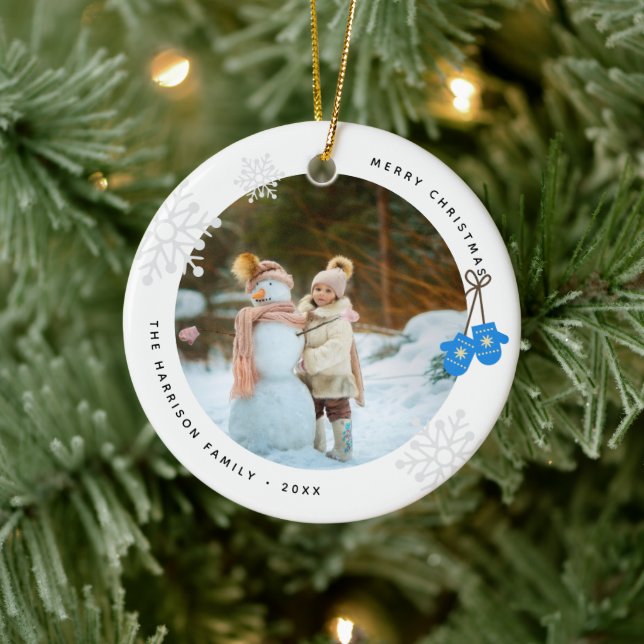 Keepsake Modern Blue Mittens Photo Ceramic Tree Decoration (Tree)