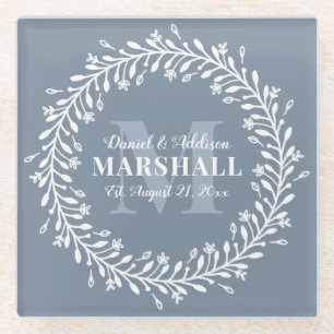 Keepsake Newlywed Couple Blue Wreath Monogram Glass Coaster