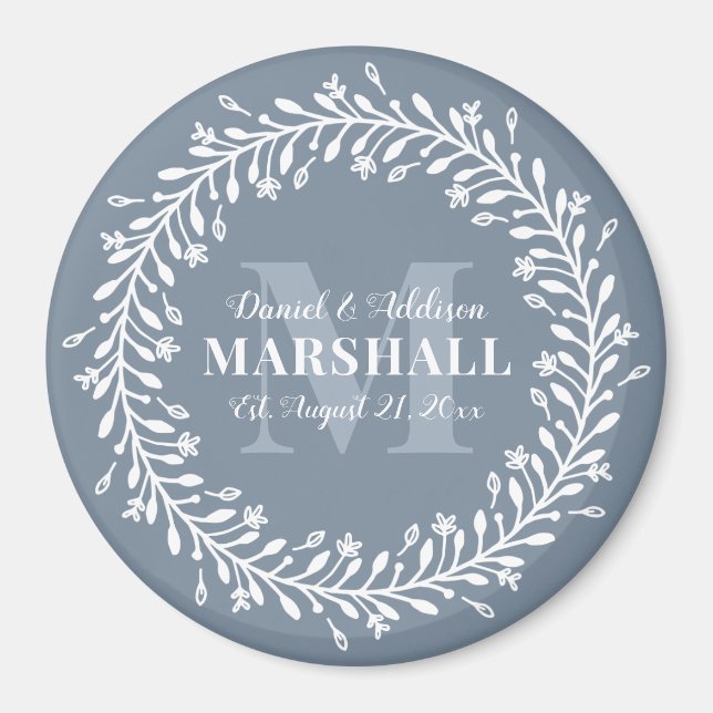Keepsake Newlywed Couple Blue Wreath Monogram Magnet (Front)