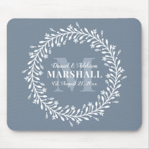 Keepsake Newlywed Couple Blue Wreath Monogram Mouse Pad