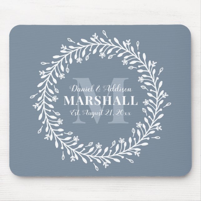 Keepsake Newlywed Couple Blue Wreath Monogram Mouse Pad (Front)