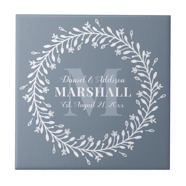 Keepsake Newlywed Couple Blue Wreath Monogram Tile (Front)