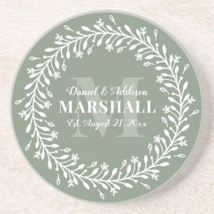 Keepsake Newlywed Couple Green Wreath Monogram Coaster