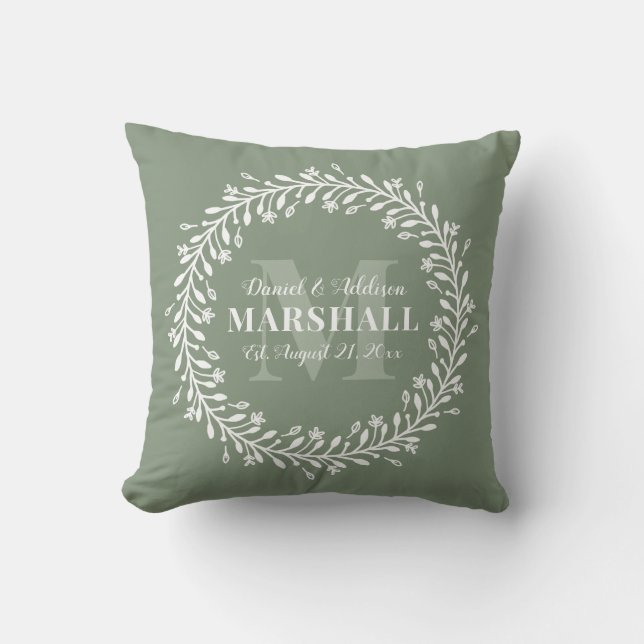 Keepsake Newlywed Couple Green Wreath Monogram Cushion (Front)