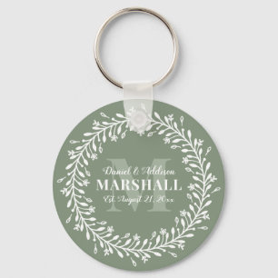 Keepsake Newlywed Couple Green Wreath Monogram Key Ring