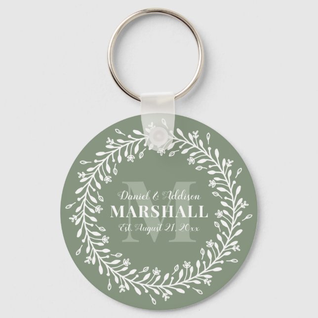 Keepsake Newlywed Couple Green Wreath Monogram Key Ring (Front)