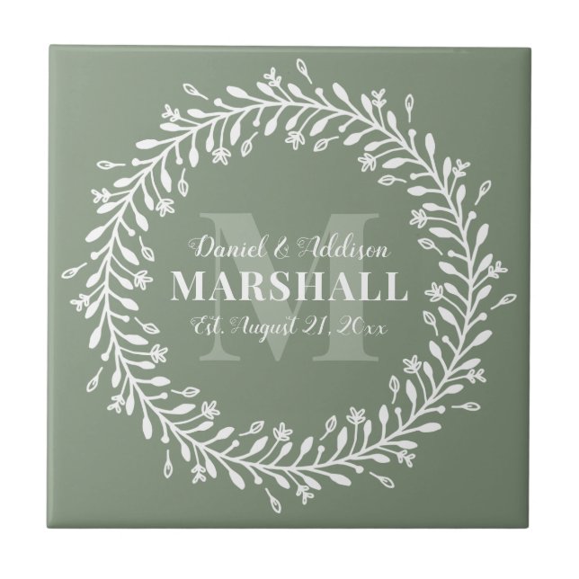 Keepsake Newlywed Couple Green Wreath Monogram Tile (Front)
