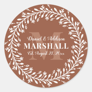 Keepsake Newlywed Couple Orange Wreath Monogram Classic Round Sticker