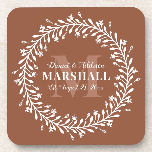 Keepsake Newlywed Couple Orange Wreath Monogram Coaster (Front)