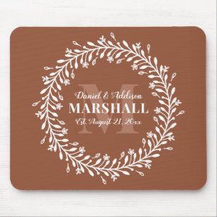 Keepsake Newlywed Couple Orange Wreath Monogram Mouse Pad