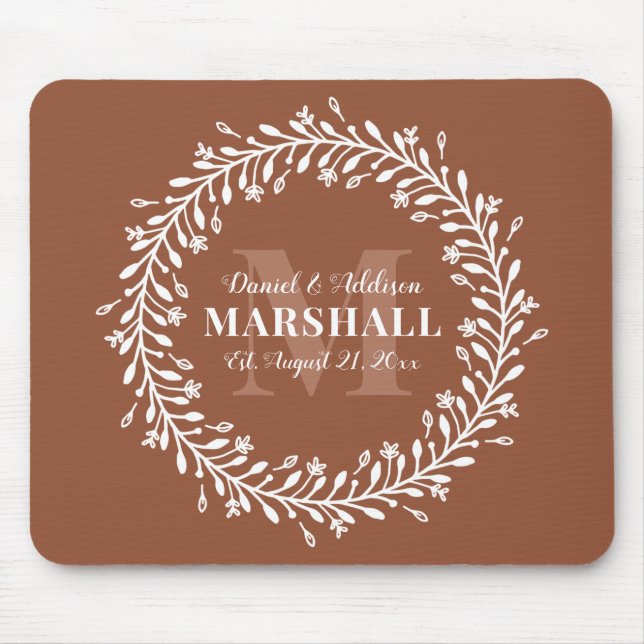 Keepsake Newlywed Couple Orange Wreath Monogram Mouse Pad (Front)