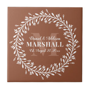Keepsake Newlywed Couple Orange Wreath Monogram Tile