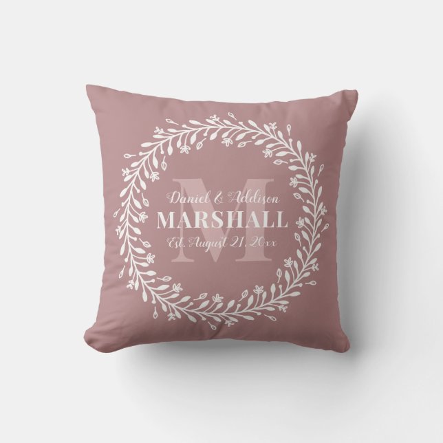 Keepsake Newlywed Couple Pink Wreath Monogram Cushion (Front)