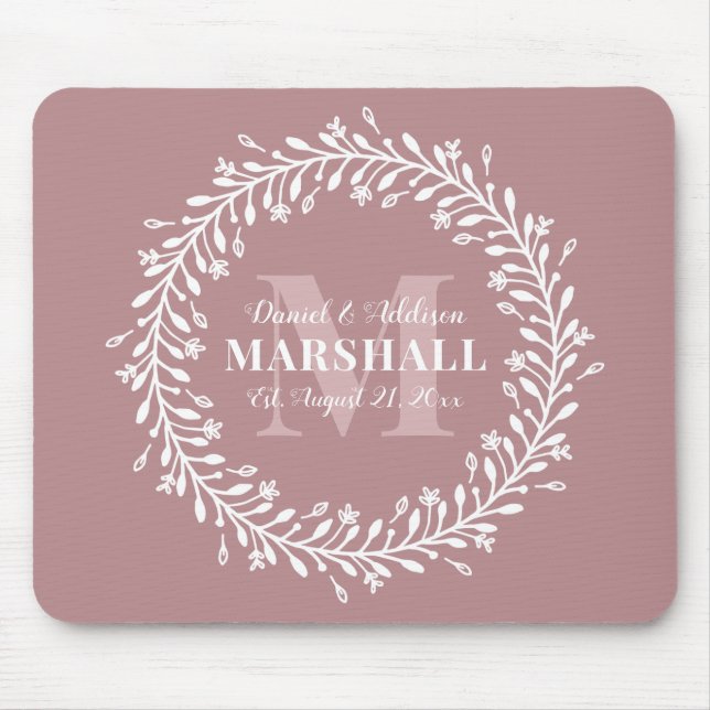 Keepsake Newlywed Couple Pink Wreath Monogram Mouse Pad (Front)