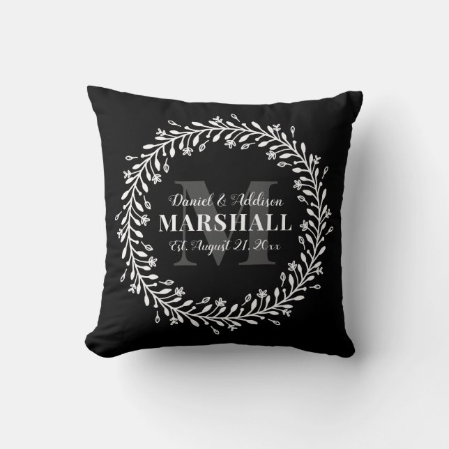 Keepsake Newlywed Couple Wreath Monogram Name Cushion (Front)
