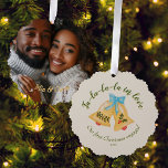 Keepsake Photo Bow Bells First Christmas Engaged Tree Decoration Card<br><div class="desc">First Christmas as an engaged couple personalised keepsake paper ornament with photo on the back. Created from a hand drawn kitschy watercolor bells and bow in a vintage inspired style.  Original art by Leslie Larson.</div>