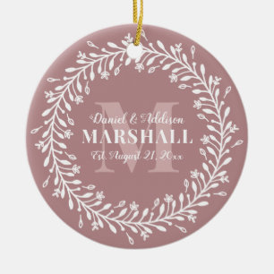 Keepsake Photo Newlywed Couple Pink Monogram Ceramic Tree Decoration