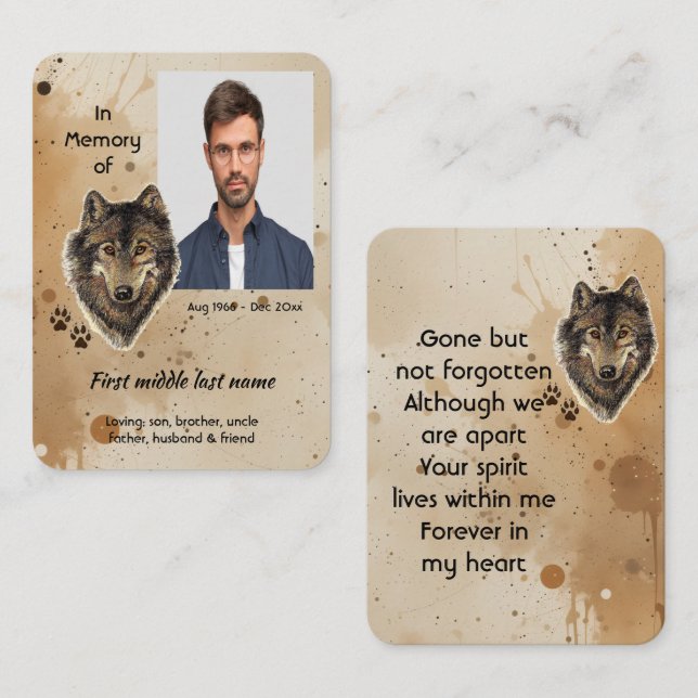 Keepsake Prayer Card Memorial Wolf Wolves Animal (Front/Back)