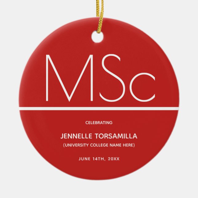 Keepsake Red MSc degree Graduation Ceramic Tree Decoration (Front)