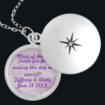 Keepsake wedding locket<br><div class="desc">A purple floral background with beautiful personalised purple text. This is the perfect way for thanking the wonderful women that had those very special jobs on your wedding day. It could be a gift to the mother of the bride or groom, bridesmaids, maid of honour, flower girl. It is silver...</div>