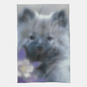 Keeshond and Columbine  - Dog Photograph Tea Towel