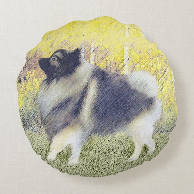 Keeshond Aspen Painting - Cute Original Dog Art Round Cushion (Back)