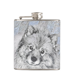 Keeshond Beth Painting - Cute Original Dog Art Hip Flask