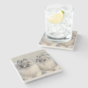 Keeshond Brothers 2 Painting - Original Dog Art Stone Coaster